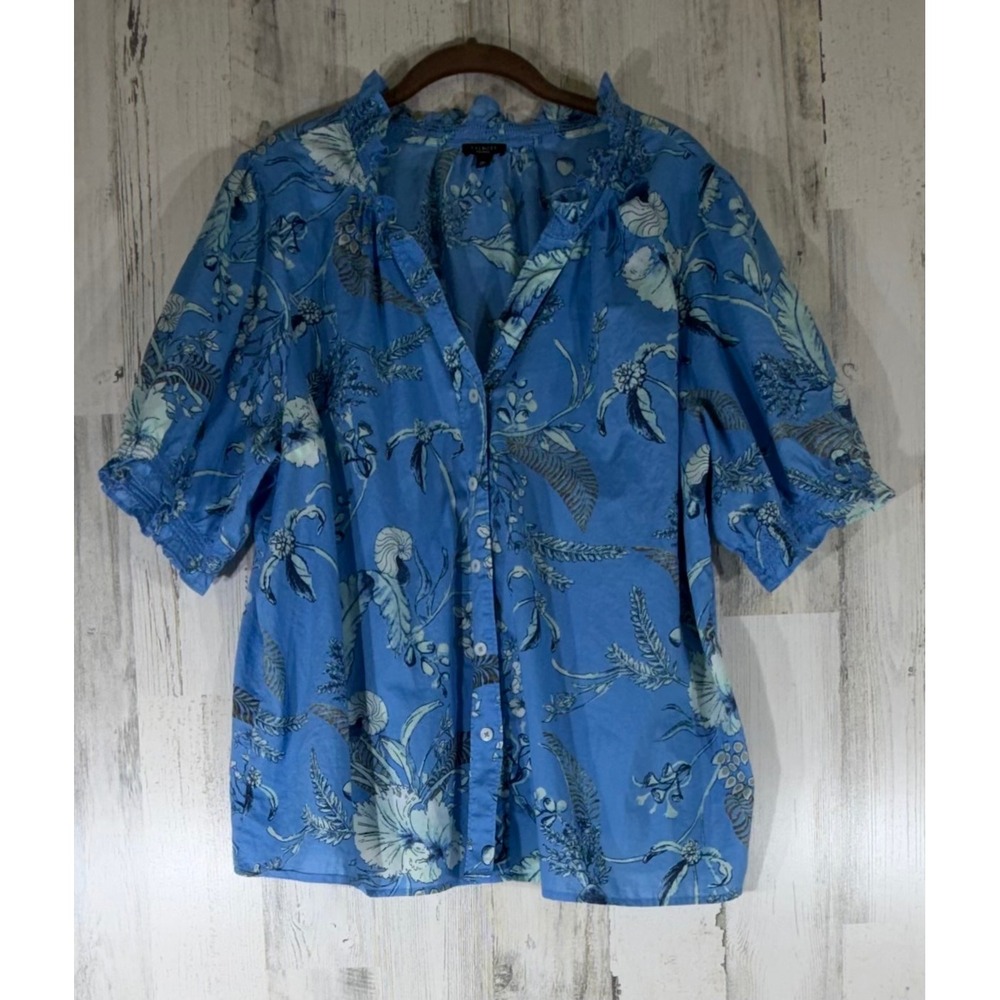 Talbots Blouse 2XP Blue Floral Garden Ruffle Cotton Button Front Smocked Sleeve